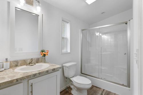 A white bathroom with a toilet, sink and shower.
